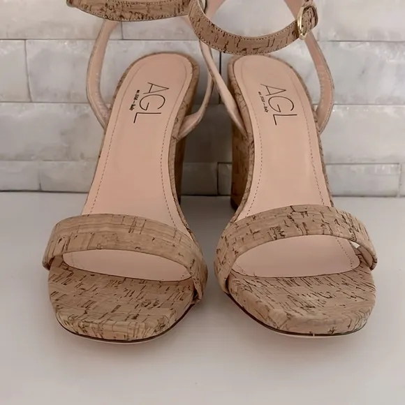 AGL Demi Ankle Strap Wedge Sandal Cork Leather Heel Size 41, US 10