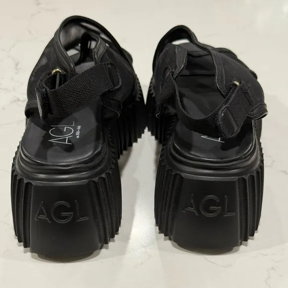 Agl Leyla Platform Black Leather Mesh Sandals Made In Italy Women’s Size 40 New