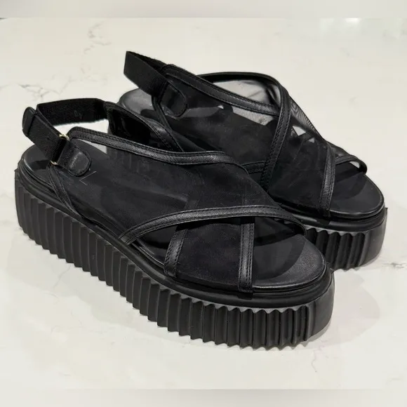 Agl Leyla Platform Black Leather Mesh Sandals Made In Italy Women’s Size 40 New