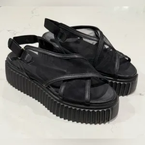 Agl Leyla Platform Black Leather Mesh Sandals Made In Italy Women’s Size 40 New