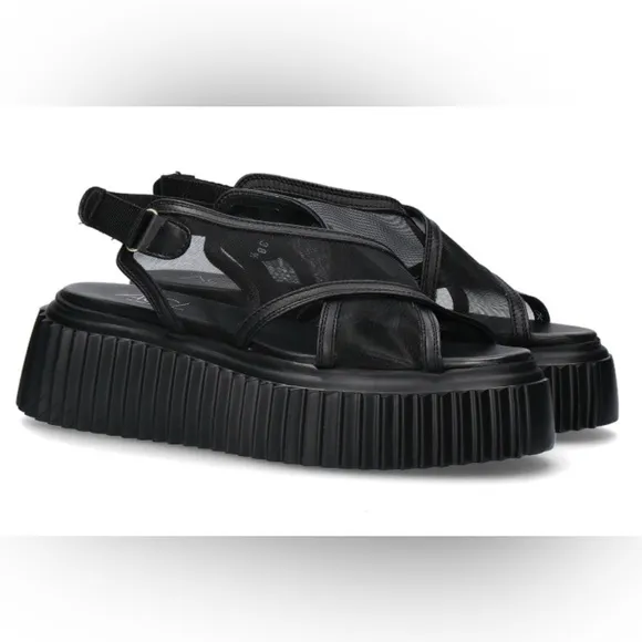 Agl Leyla Platform Black Leather Mesh Sandals Made In Italy Women’s Size 40 New