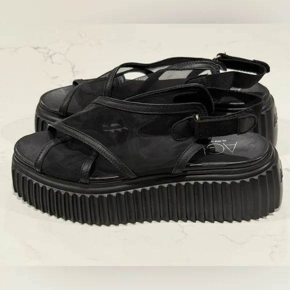Agl Leyla Platform Black Leather Mesh Sandals Made In Italy Women’s Size 40 New
