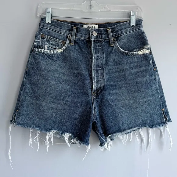Agolde Dee Jean Short in Precision 27 Distressed Blue Denim High Waisted Raw Hem