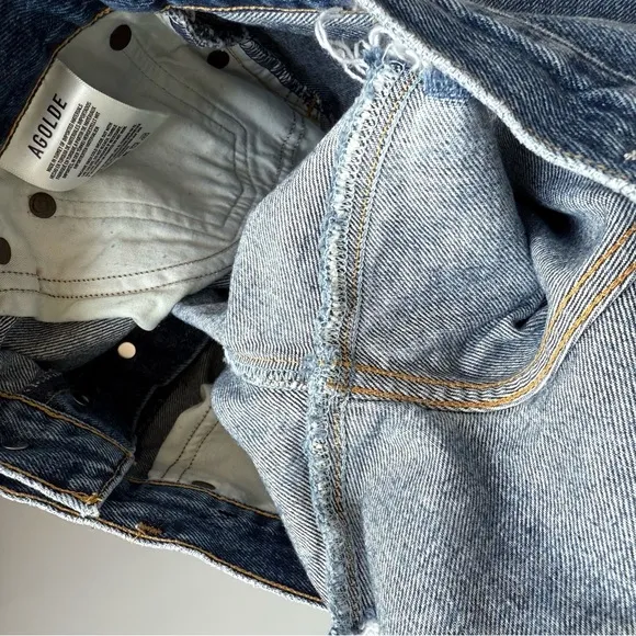 Agolde Dee Jean Short in Precision 27 Distressed Blue Denim High Waisted Raw Hem