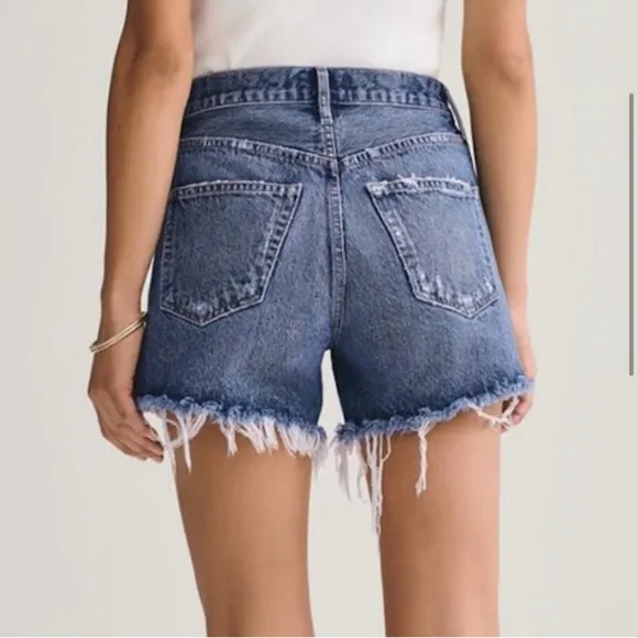Agolde Dee Jean Short in Precision 27 Distressed Blue Denim High Waisted Raw Hem