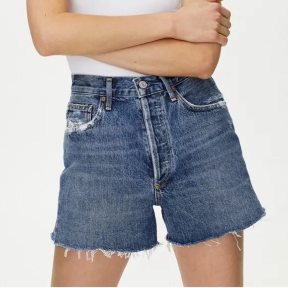 Agolde Dee Jean Short in Precision 27 Distressed Blue Denim High Waisted Raw Hem