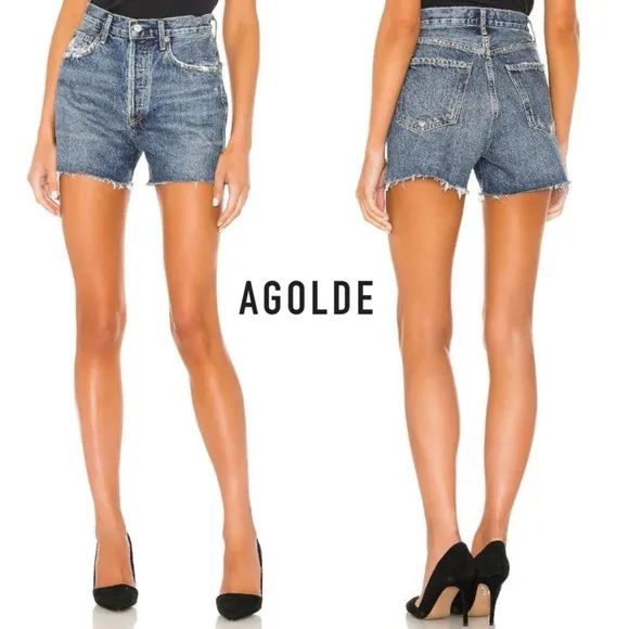 Agolde Dee Jean Short in Precision 27 Distressed Blue Denim High Waisted Raw Hem