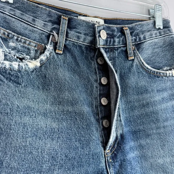Agolde Dee Jean Short in Precision 27 Distressed Blue Denim High Waisted Raw Hem
