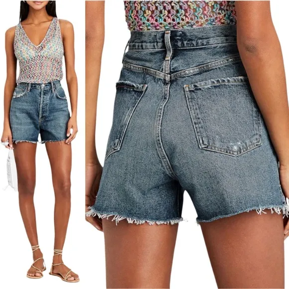Agolde Dee Jean Short in Precision 27 Distressed Blue Denim High Waisted Raw Hem