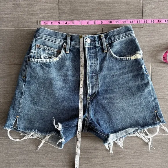 Agolde Dee Jean Short in Precision 27 Distressed Blue Denim High Waisted Raw Hem