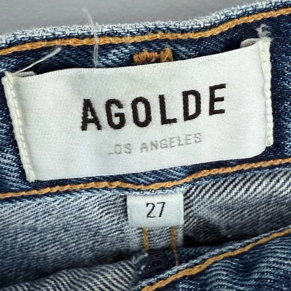 Agolde Dee Jean Short in Precision 27 Distressed Blue Denim High Waisted Raw Hem
