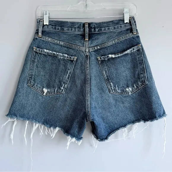 Agolde Dee Jean Short in Precision 27 Distressed Blue Denim High Waisted Raw Hem