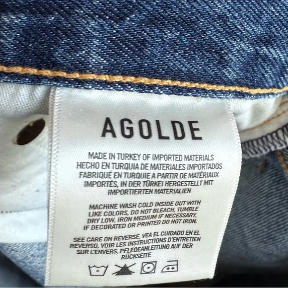 Agolde Dee Jean Short in Precision 27 Distressed Blue Denim High Waisted Raw Hem