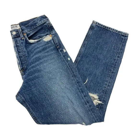 AGolde High Rise 90’s Pinch Waist Distressed Jeans 25 Blue