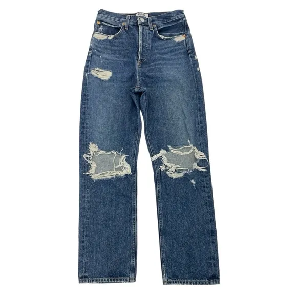 AGolde High Rise 90’s Pinch Waist Distressed Jeans 25 Blue