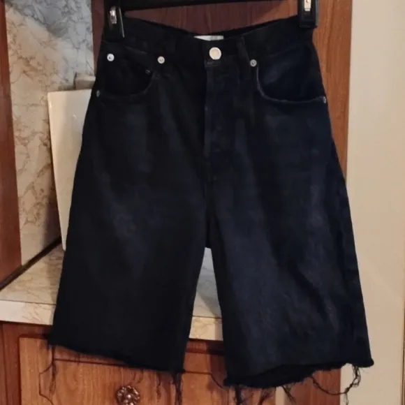 AGOLDE Revolve ‘90s Pinch High Waist Frayed Hem Denim Shorts Nix, Black, Size 23