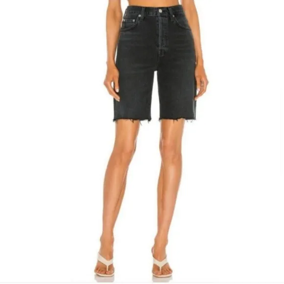 AGOLDE Revolve ‘90s Pinch High Waist Frayed Hem Denim Shorts Nix, Black, Size 23
