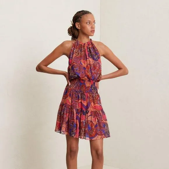 A.L.C. Cory Paisley High-Neck Mini Dress in Pink Cobalt Multi {2C21}