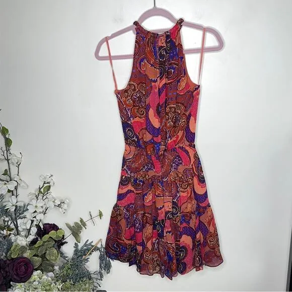 A.L.C. Cory Paisley High-Neck Mini Dress in Pink Cobalt Multi {2C21}