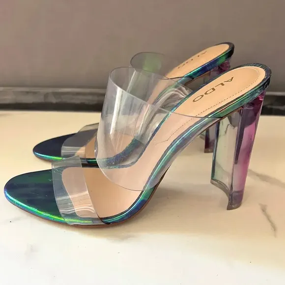 ALDO PVC Clear Double Strap Green Iridescent Mermaid Sandal Heels Size 8.5