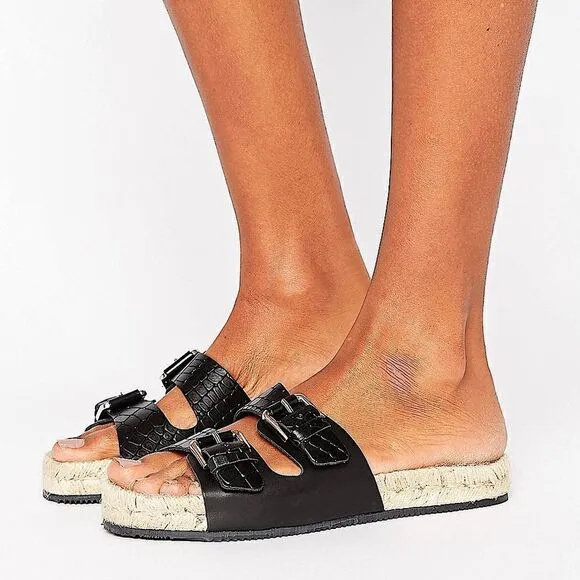 ALDO Buckle Black Sandal with Espadrille Sole NWT