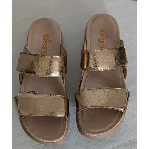 Alegria Bryce Sz 38 US 8 Women's Double Strap Rose Gold Metallic Sandals Slides
