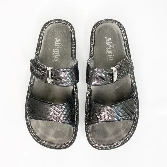 Alegria By PG Lite Karmen Black Metallic Slide Sandals Size US 7 EUR 37