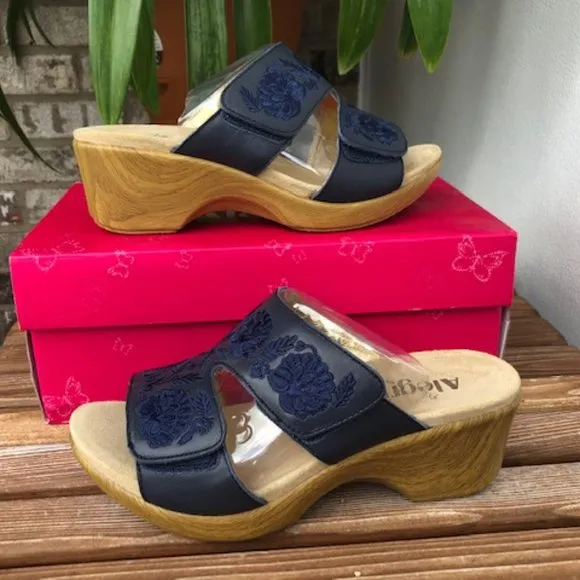 Alegria Embroidered Leather Slip-on Wedge Sandals
