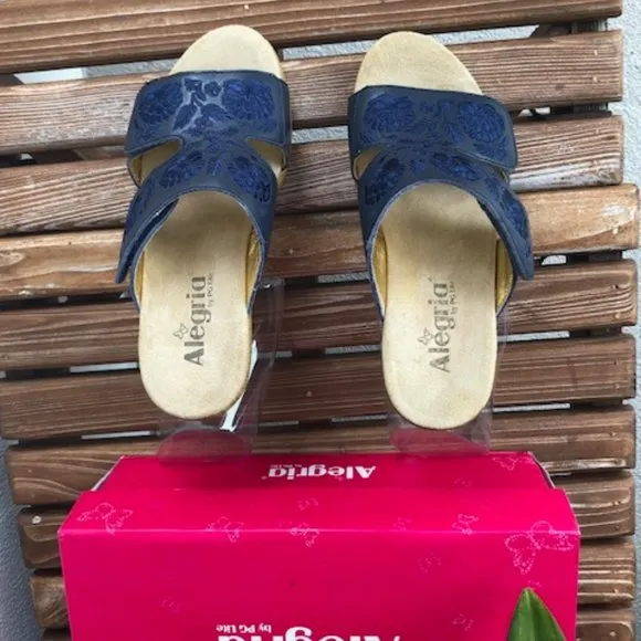 Alegria Embroidered Leather Slip-on Wedge Sandals