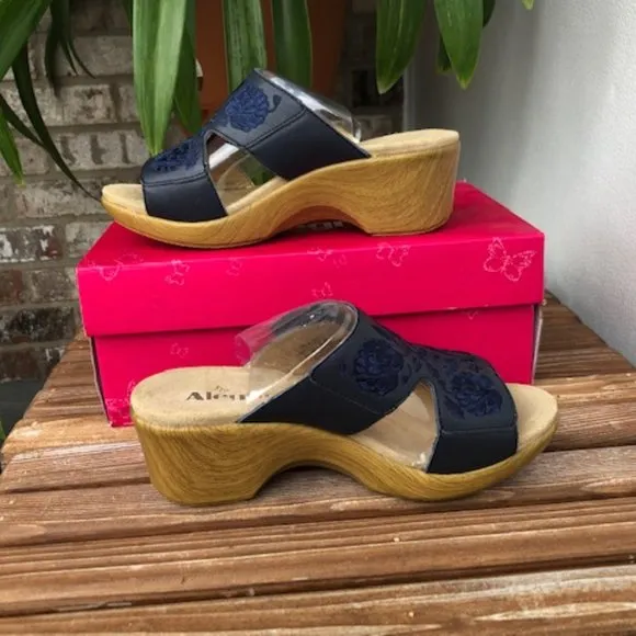 Alegria Embroidered Leather Slip-on Wedge Sandals