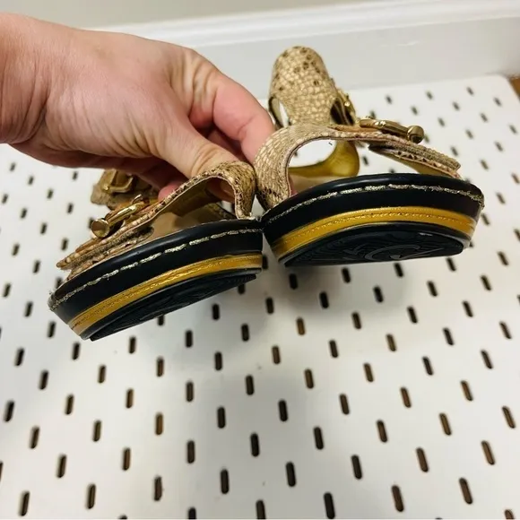 ALEGRIA Lara Gold Snake Leather T Strap Wedge Sandals - Size 38 / 8 - 8.5
