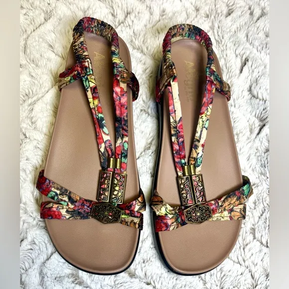 Alegria ROZ Get Away Satin Floral Embellished  Bohemian Sandals Size 39EU 8.5US