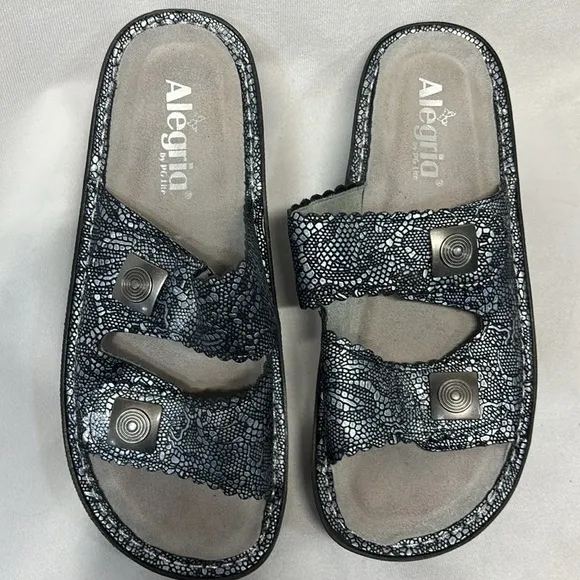 Alegria Sandals Sandra Size EU 38Leather Adjustable Slide Sandals Pewter Lace