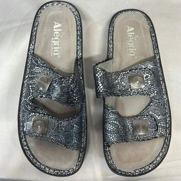 Alegria Sandals Sandra Size EU 38Leather Adjustable Slide Sandals Pewter Lace