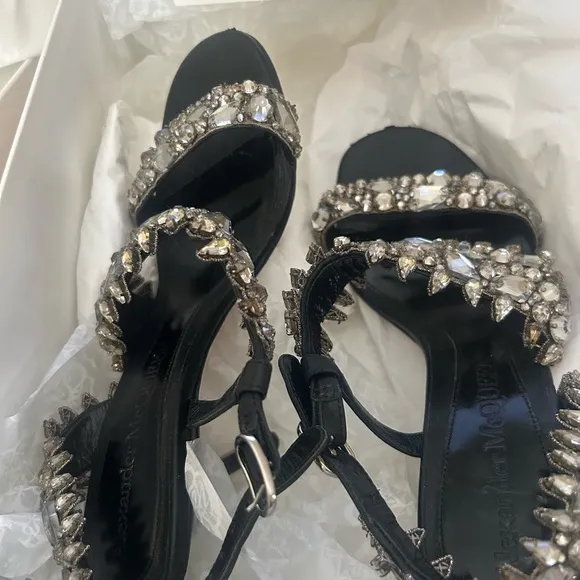 Alexander McQueen Black Stiletto Sandals with Crystal Embellishments
