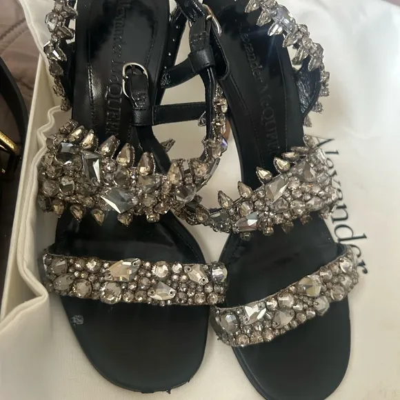 Alexander McQueen Black Stiletto Sandals with Crystal Embellishments