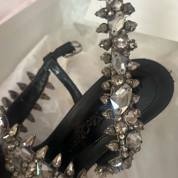 Alexander McQueen Black Stiletto Sandals with Crystal Embellishments