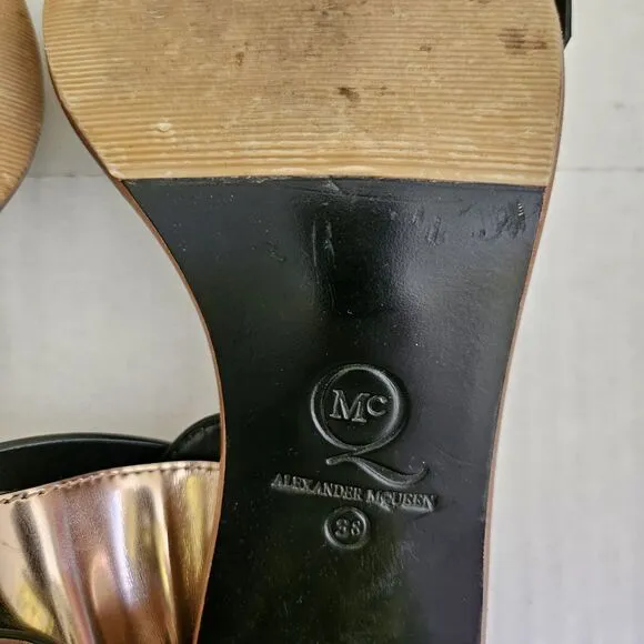 Alexander McQueen Block Heel Sandals EU 38 US 8 Bronze Patent Leather McQ Italy