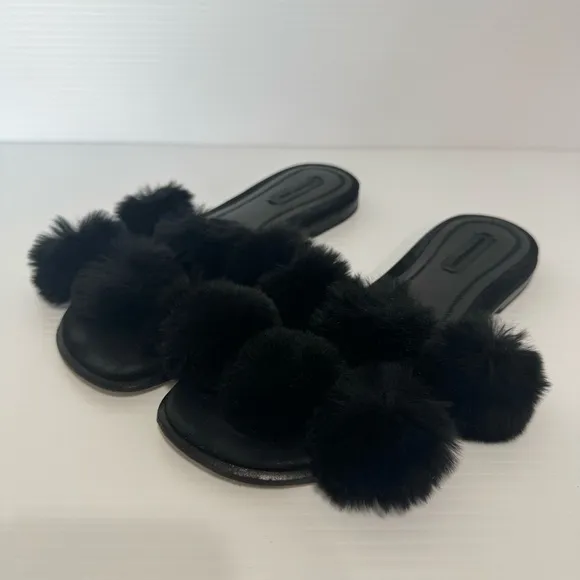 Alexander Wang Ava Pom Poms Fur Black Slides Sandals Size 36