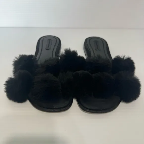 Alexander Wang Ava Pom Poms Fur Black Slides Sandals Size 36
