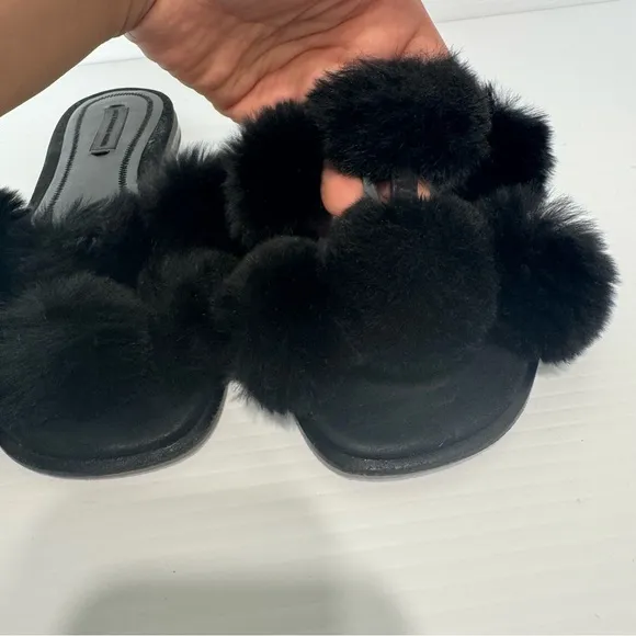 Alexander Wang Ava Pom Poms Fur Black Slides Sandals Size 36