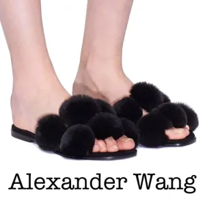 Alexander Wang Ava Pom Poms Fur Black Slides Sandals Size 36
