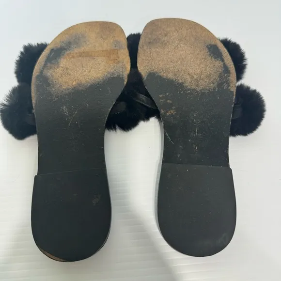 Alexander Wang Ava Pom Poms Fur Black Slides Sandals Size 36