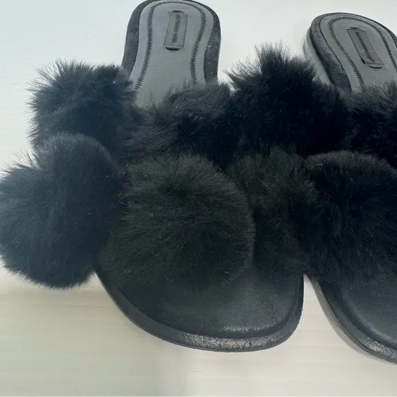 Alexander Wang Ava Pom Poms Fur Black Slides Sandals Size 36