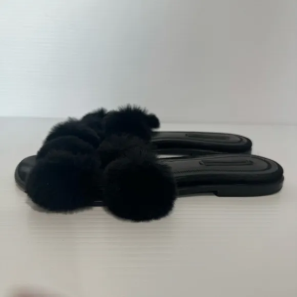 Alexander Wang Ava Pom Poms Fur Black Slides Sandals Size 36
