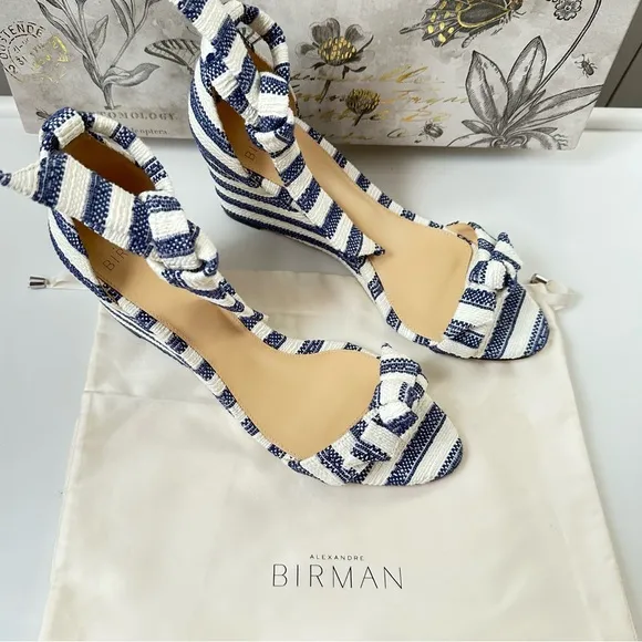 Alexandre Birman Clarita Wedge Sandals Blue and White Stripe Size 9 US/EU 39
