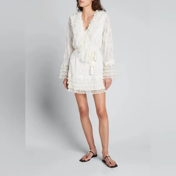 ALEXIS *Fairuza* white ivory embroidered ruffle mini dress w rope belt XS
