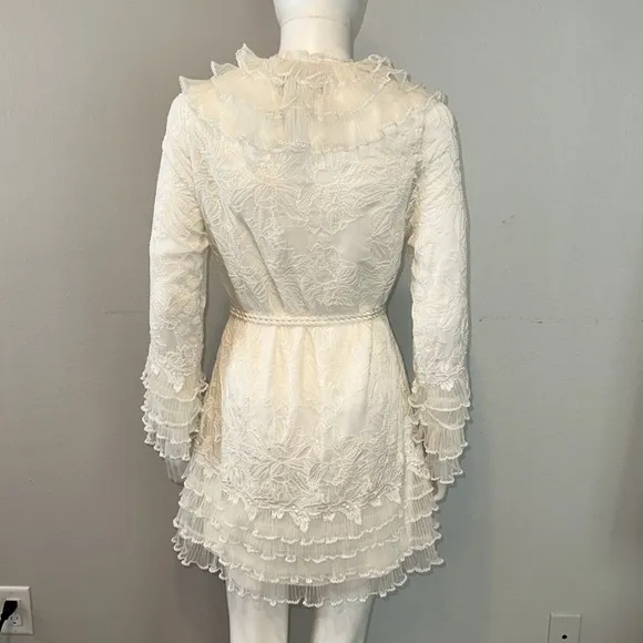 ALEXIS *Fairuza* white ivory embroidered ruffle mini dress w rope belt XS