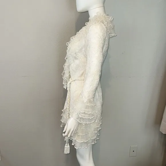 ALEXIS *Fairuza* white ivory embroidered ruffle mini dress w rope belt XS