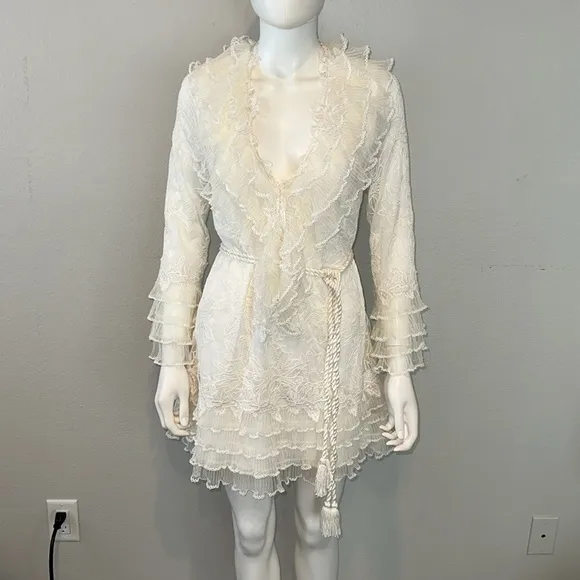 ALEXIS *Fairuza* white ivory embroidered ruffle mini dress w rope belt XS